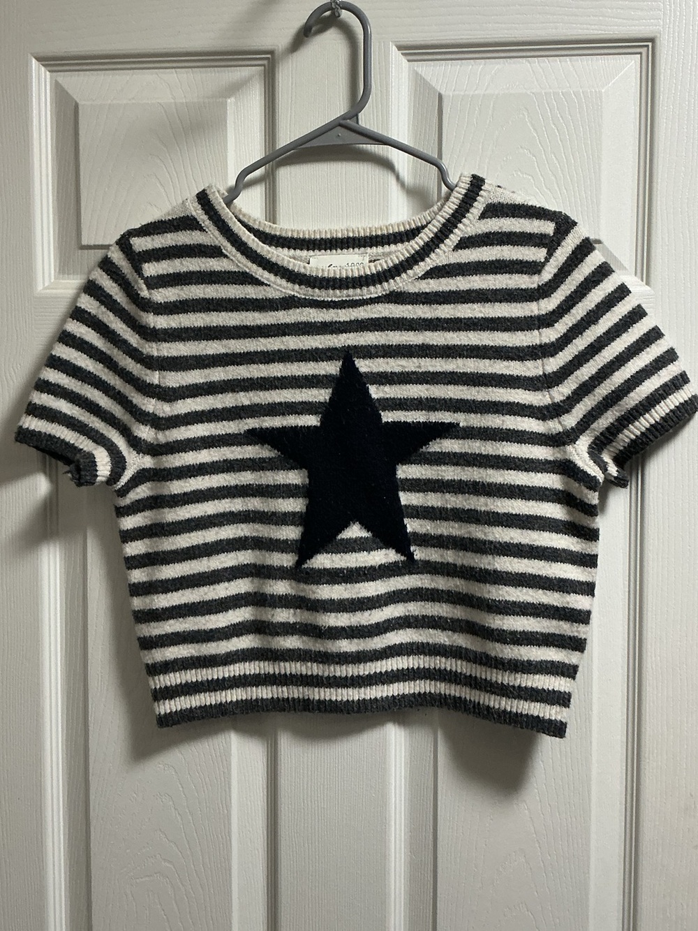 Girl’s Grey & White Striped Star Short Sleeve Cropped Sweater